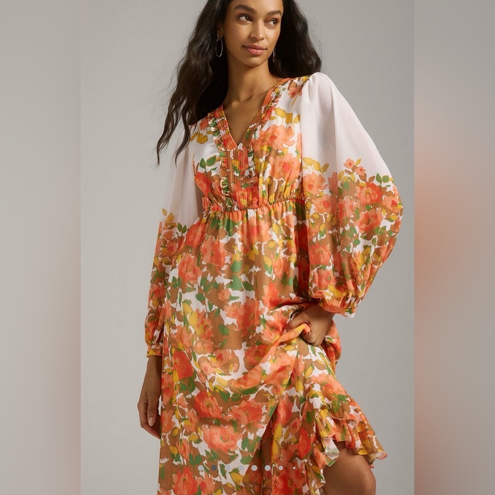 VINEET BAHL Orange and cream floral Long Sleeve prairie Dress size S